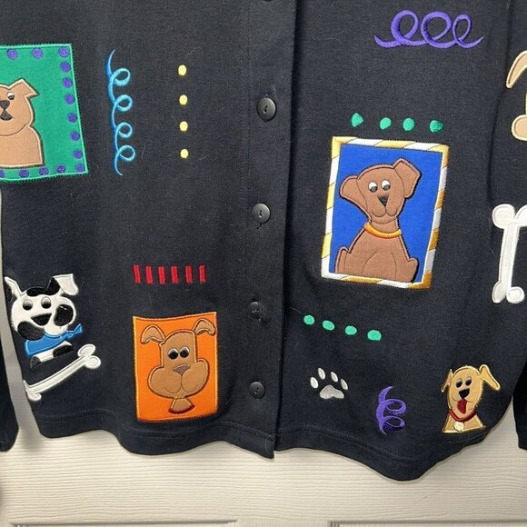 Bechamel Black Button Front Dog Bones Embroidered Grannycore Sweater Size Large - Picture 4 of 9
